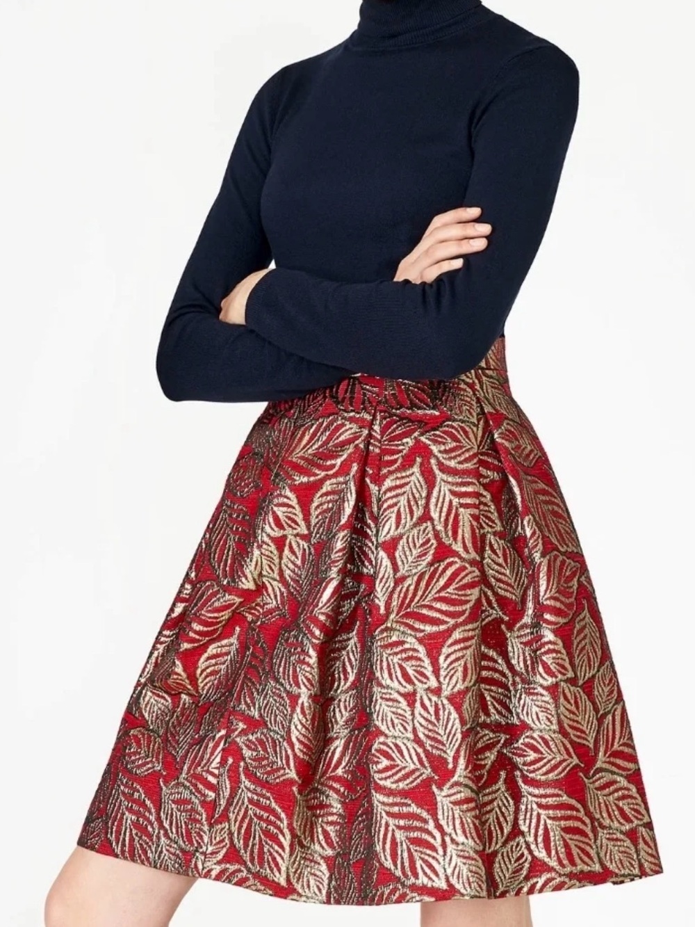 Red Metallic Leaf-Print A-Line Skirt by